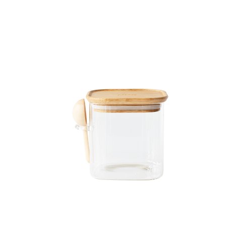 Glasbehälter quadratisch mit Bambusdeckel + Löffel 800 ml