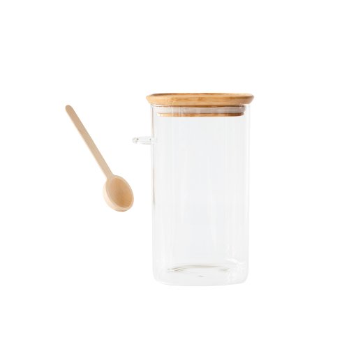 Glasbehälter quadratisch mit Bambusdeckel + Löffel 1400 ml